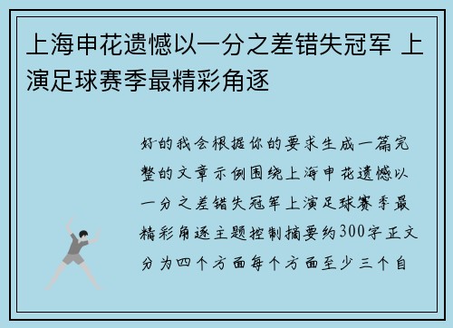 上海申花遗憾以一分之差错失冠军 上演足球赛季最精彩角逐