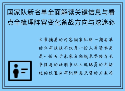 国家队新名单全面解读关键信息与看点全梳理阵容变化备战方向与球迷必知要点 国家队新名单全面解读关键信息与看点全梳理阵容变化备战方向与球迷必知要点