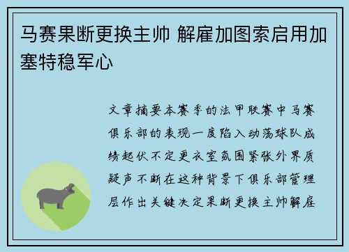 马赛果断更换主帅 解雇加图索启用加塞特稳军心